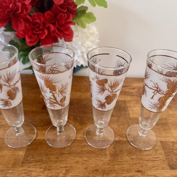 Vintage Libbey Frosted Pine Cone Pilsner Glasses Gold Trim Set of 4‎ Mid Century - Picture 2 of 4